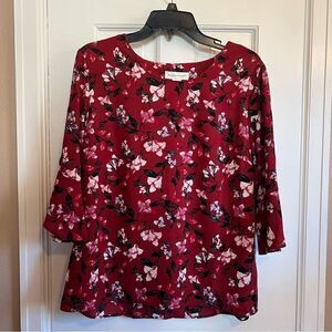 Christopher & Banks Red Floral 3/4 sleeve Top